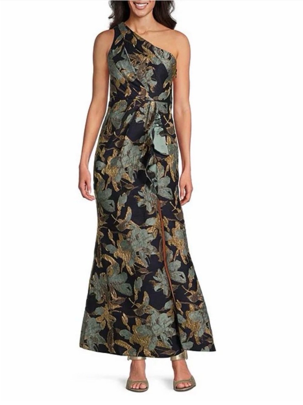 Adrianna Papell Black One-Shoulder Floral Jacquard Gown with Gold Accents